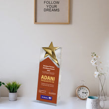 Load image into Gallery viewer, Customized Acrylic Trophy with Matter Printed &amp; Metal Star For Corporate Gifting