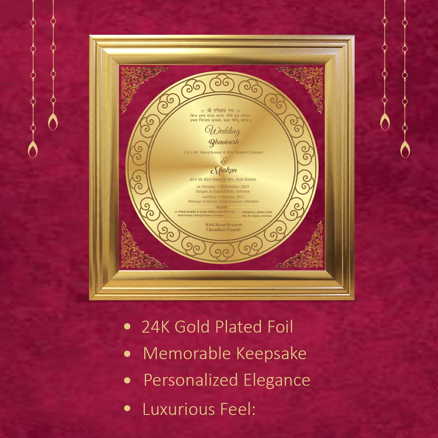 Diviniti Customized Designer Wedding Card on 24K Gold Plated Foil For Marriage Invitation (26.7 X 26.7 CM)