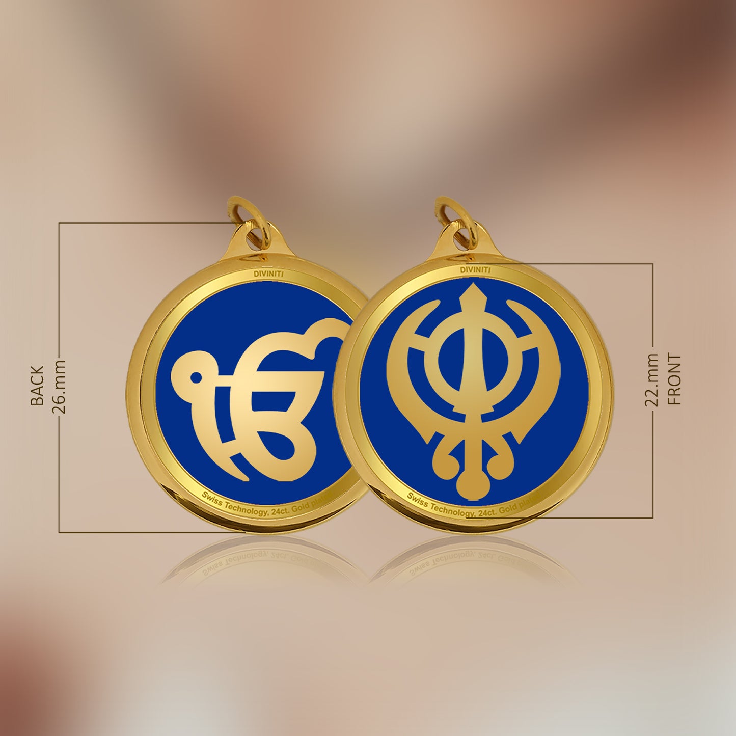 Diviniti 24K Gold Plated  Khanda Sahib & Ik Onkar 22MM Double Sided Pendant For Men, Women & Kids