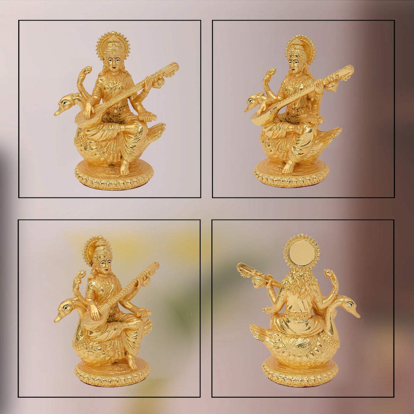 Diviniti 24K Gold Plated Goddess Saraswati Idol Statue Elegant Spiritual Symbol of Wisdom for Home & Office Décor Pooja Room Gift  (20.5x18 CM)
