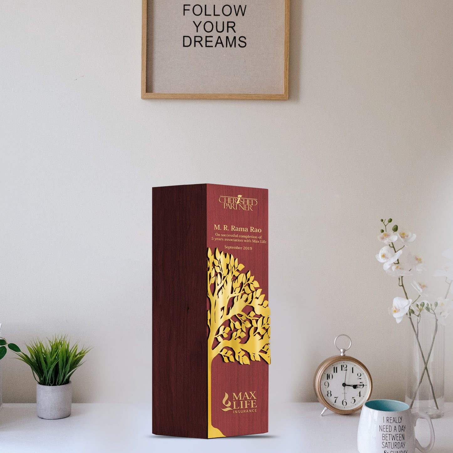 Customized Trophy with Metal Tree & Matter Printed For Corporate Gifting