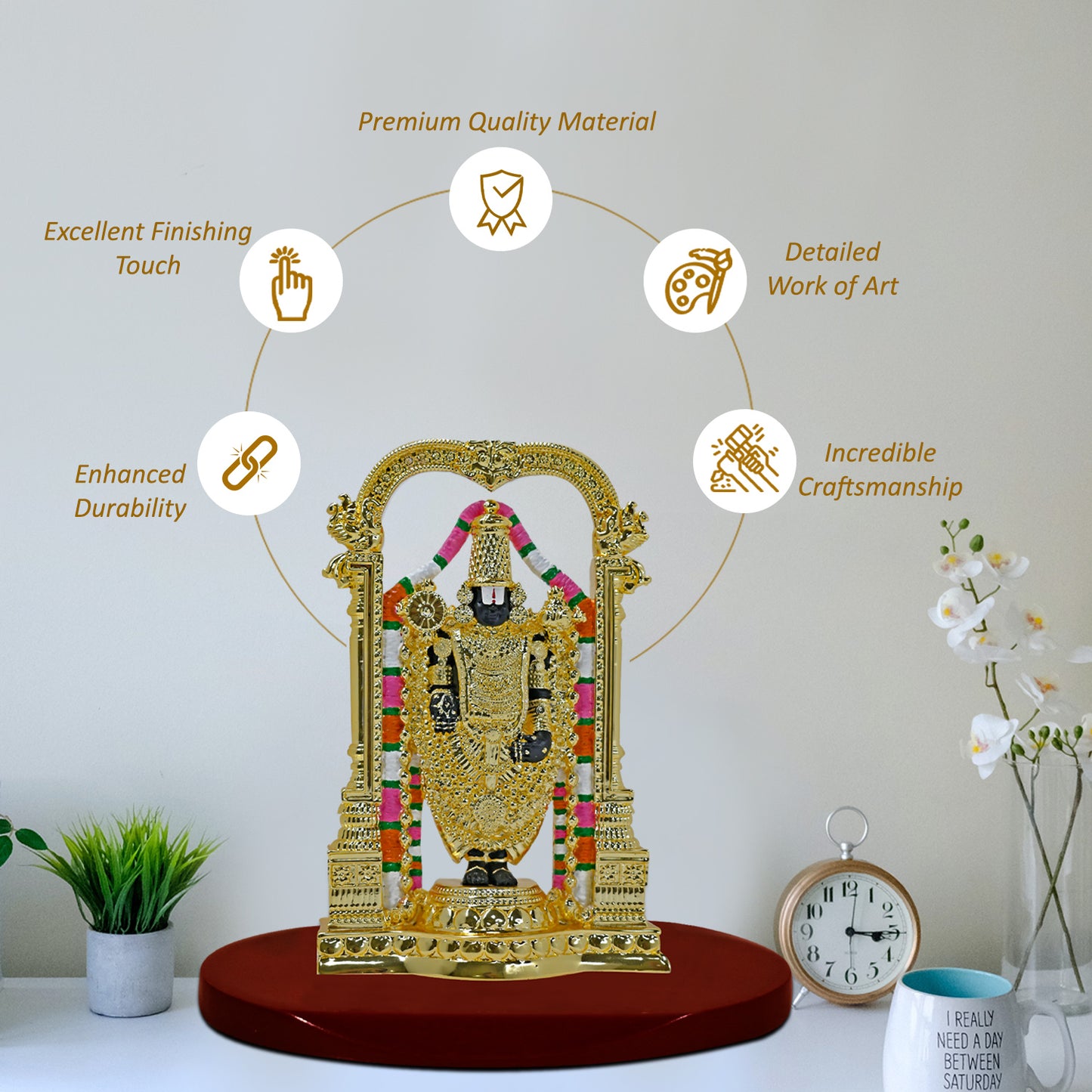 DIVINITI 24K Gold Plated Lord Tirupati Balaji Idol | Exquisite Divine Statue for Car Dashboard, Home Decor, Office Table Top, Pooja Room & Gift (8X5.5 CM)