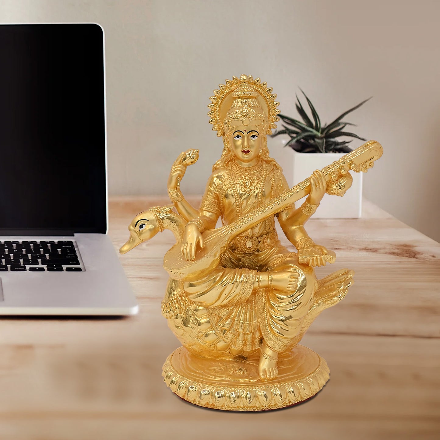 Diviniti 24K Gold Plated Goddess Saraswati Idol Statue Elegant Spiritual Symbol of Wisdom for Home & Office Décor Pooja Room Gift  (20.5x18 CM)