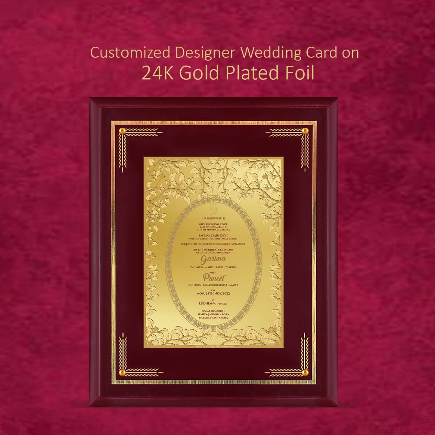 Diviniti Customized Designer Wedding Card on 24K Gold Plated Foil For Marriage Invitation Size 4