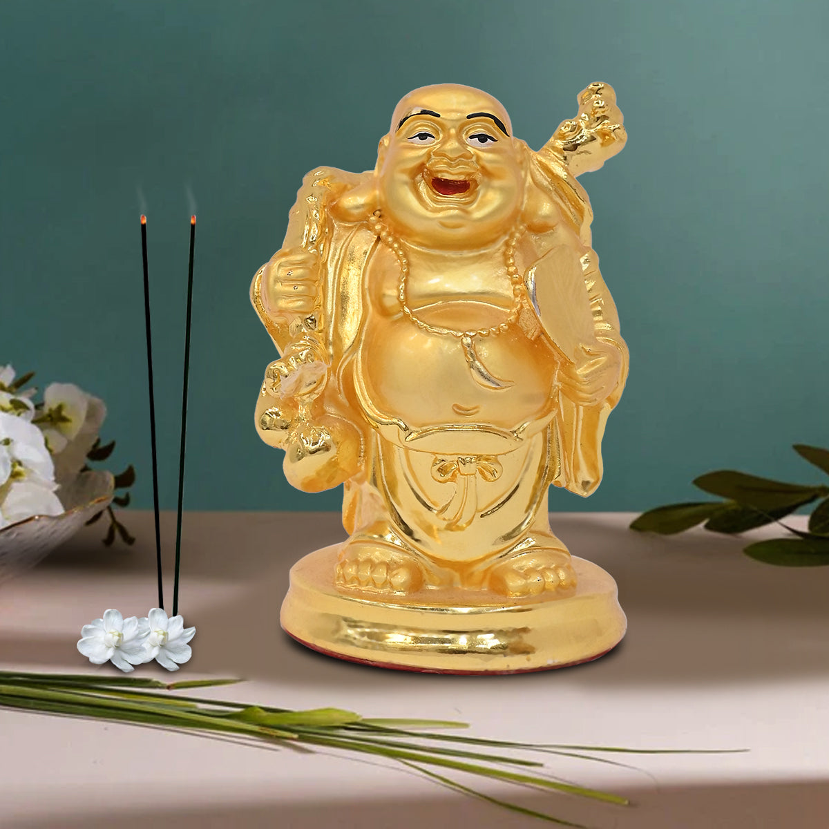 DIVINITI 24K Gold-Plated Laughing Buddha Idol Embrace Joy, Prosperity, and Happiness for Home Office Décor, Tabletop, Gift (10.5x7 CM)