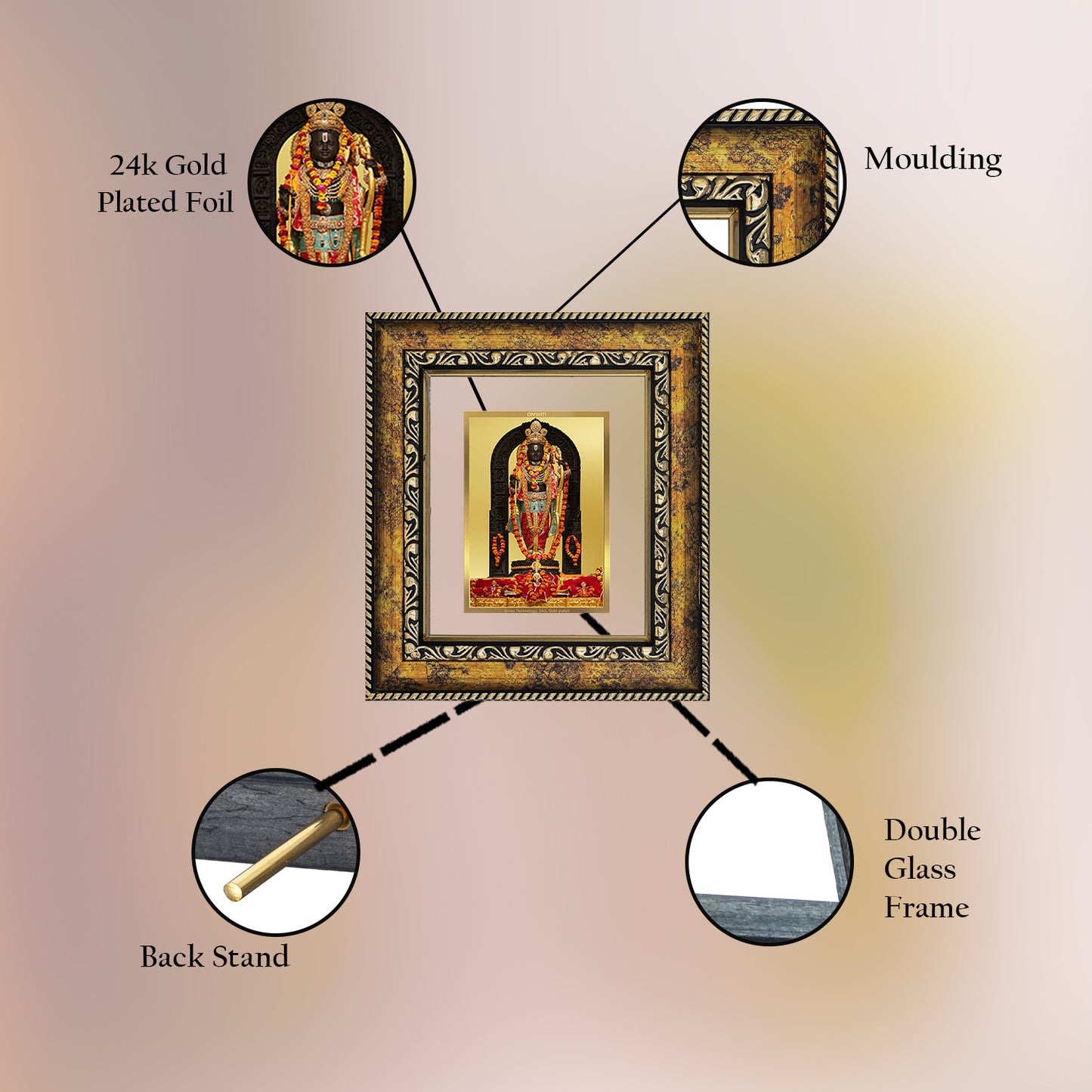 DIVINITI 24K Gold Plated Foil Ram Lalla Photo Frame for Home & Office Decor, Table Top, Wall Decor, Puja Room & Gift DG 113 Size 1 (17.7x15.9 CM)