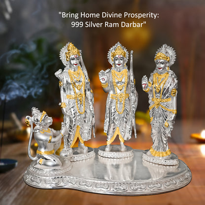 DIVINITI 999 Silver Plated Lord Ram Darbar Idol | Exquisite Divine Statue For Home Decor, Office Table Top, Pooja Room & Gift (19X24CM)