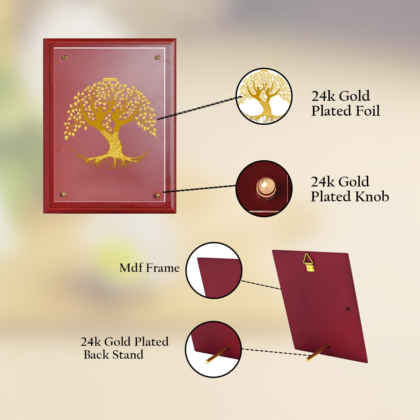 Diviniti 24K Gold Plated Foil Tree Of Life Wall Photo Frame for Home Decor, Tabletop, Workshop, Gift MDFS3 (30.2x22.7)