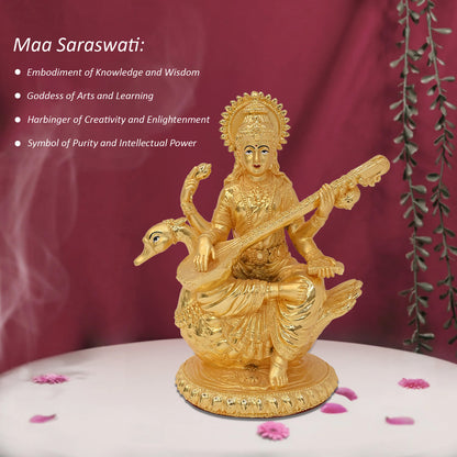 Diviniti 24K Gold Plated Goddess Saraswati Idol Statue Elegant Spiritual Symbol of Wisdom for Home & Office Décor Pooja Room Gift  (20.5x18 CM)