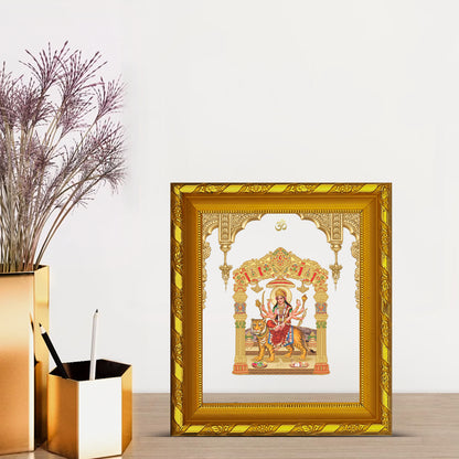 DIVINITI 24K Gold Plated Foil Durga Mata Photo Frame for Home & Office Decor, Table DG 103 Size 1 (15.3x14.9 CM)