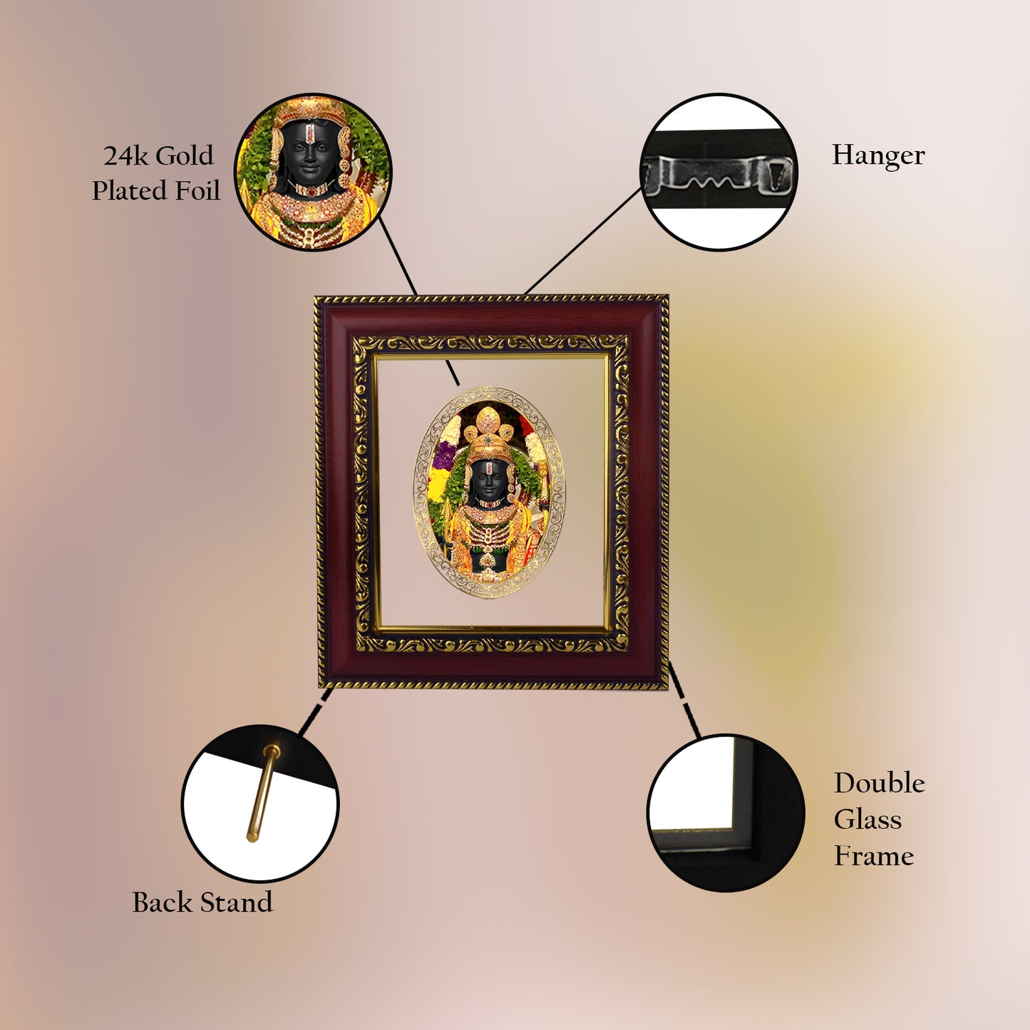 DIVINITI 24K Gold Plated Foil Ram Lalla Photo Frame for Home & Office Decor, Wall Hanging, Table Top, Puja Room & Gift DG 105 Size 1 (17.7x15.7 CM)