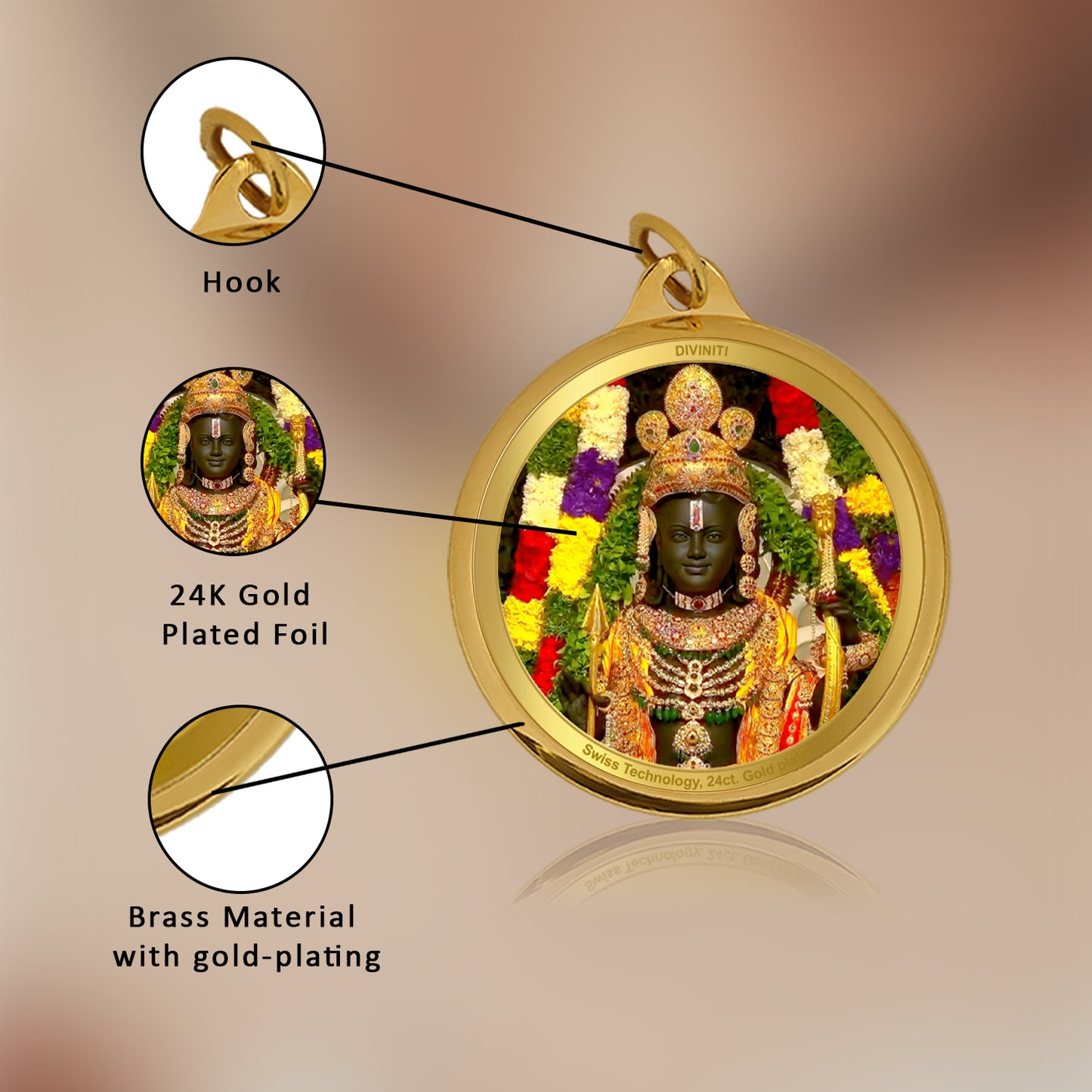 Diviniti 24K Gold Plated Ram Lalla & Jai Shri Ram 28MM Double Sided Pendant For Men, Women & Kids