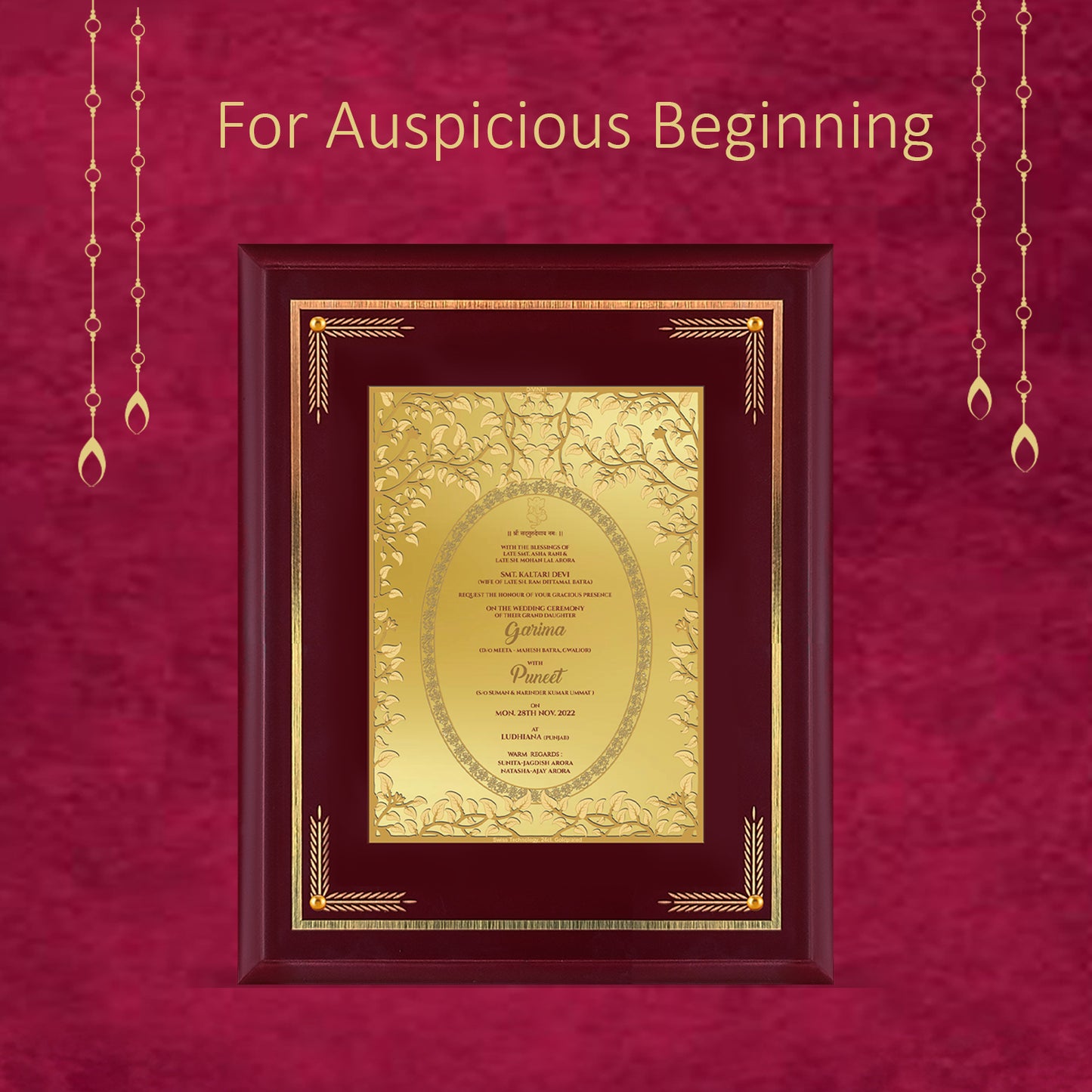 Diviniti Customized Designer Wedding Card on 24K Gold Plated Foil For Marriage Invitation Size 4