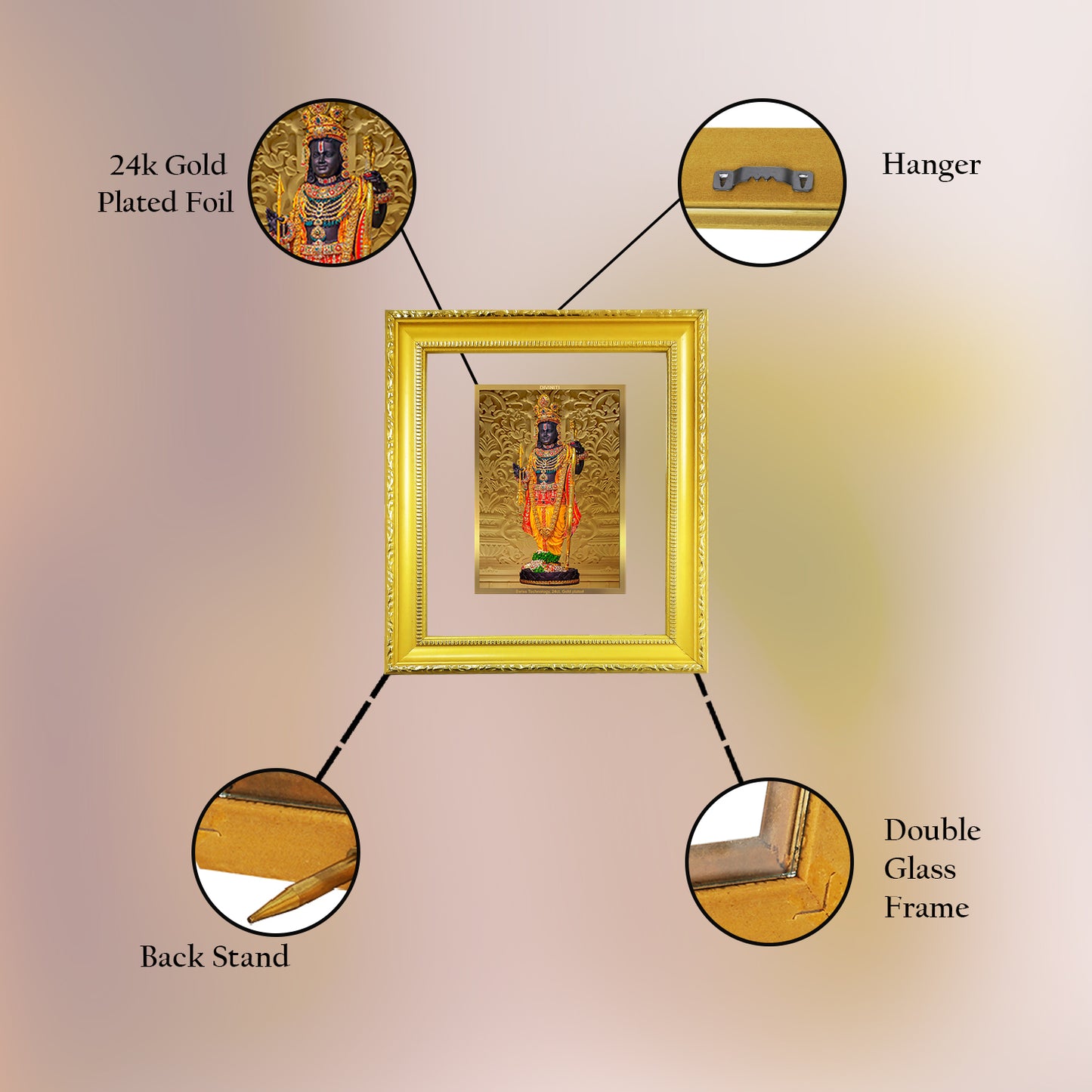 DIVINITI 24K Gold Plated Foil Ram Lalla Photo Frame for Home & Office Decor, Table Decor, Wall Decor, Puja Room & Gift DG 101 Size 1 (15.3x14.9 CM)