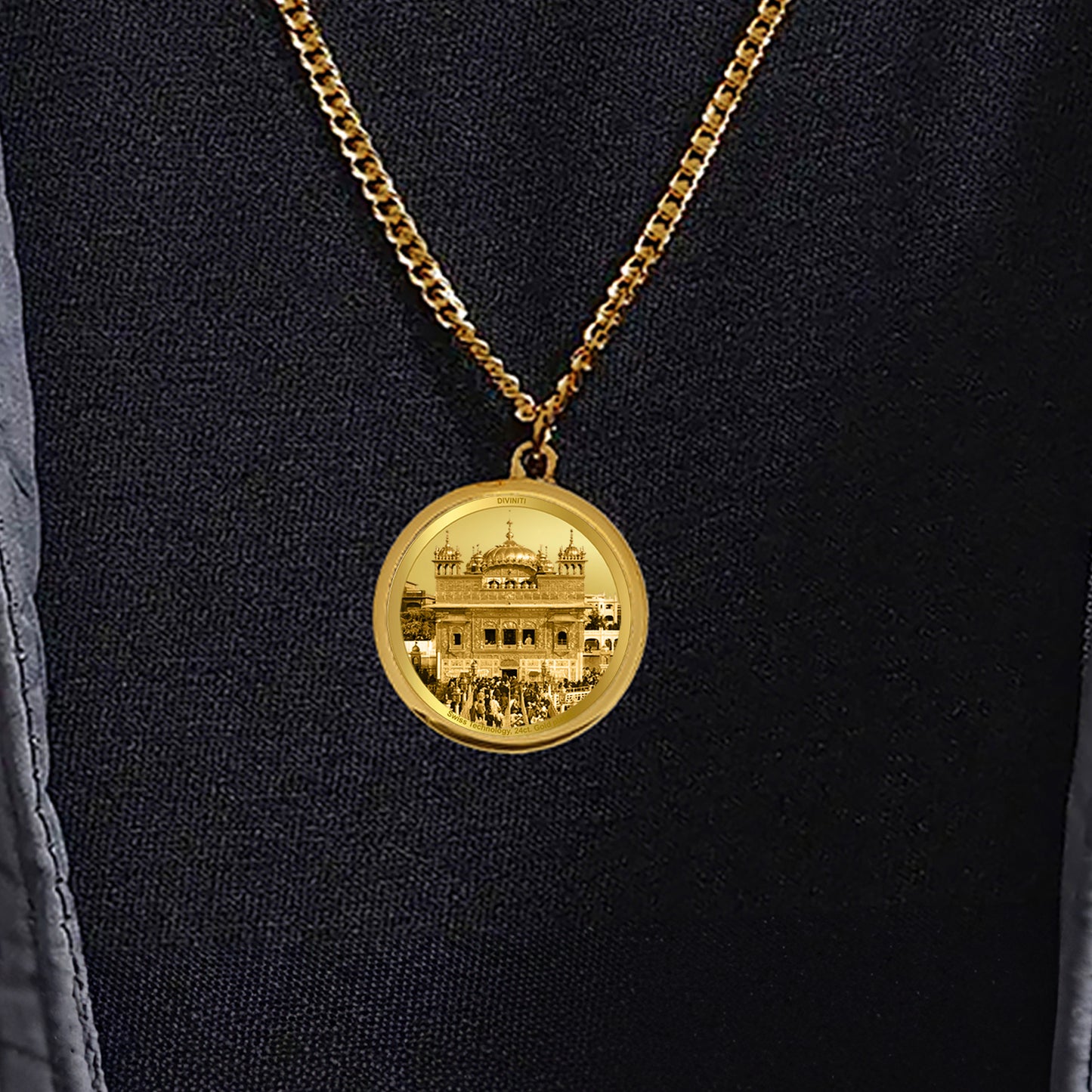 Diviniti 24K Gold Plated Guru Nanak Ji & Golden Temple 22MM Double Sided Pendant For Men, Women & Kids