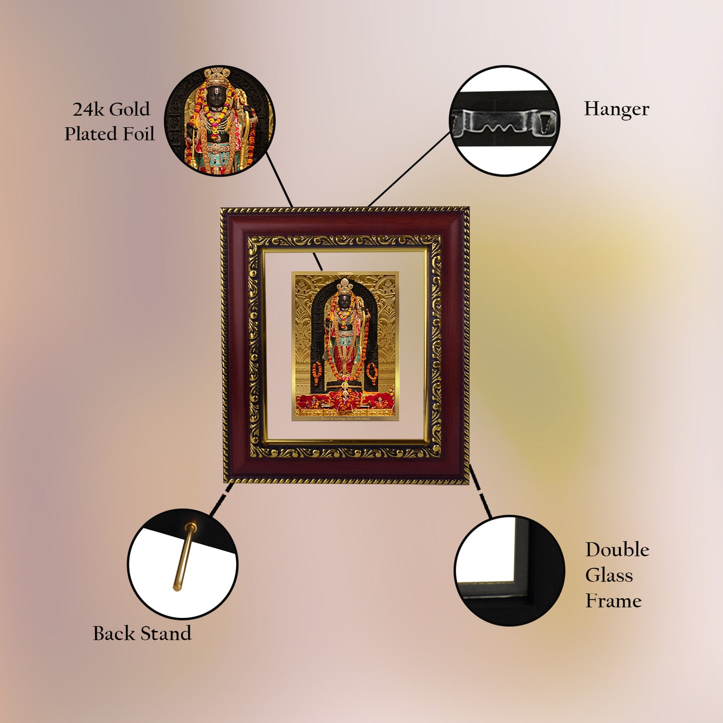 DIVINITI 24K Gold Plated Foil Ram Lalla Photo Frame for Home & Office Decor, Table Top, Wall Decor, Puja Room & Gift DG 105 Size 1 (17.7x15.7 CM)