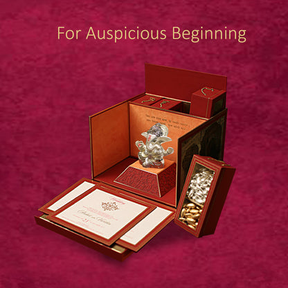 Diviniti Customized Designer Wedding Card Gift with 999 Silver Plated Ganesha Idol For Marriage Invitation