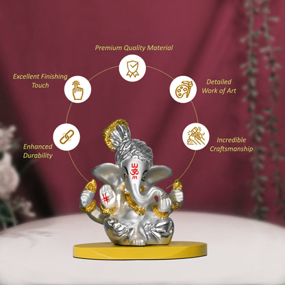 DIVINITI 999 Silver Plated Pagdi Lord Ganesha Elegant Statue Idol For Car Dashboard, Home Decor, Tabletop, Puja Room and Luxury Gift (7x7 CM)