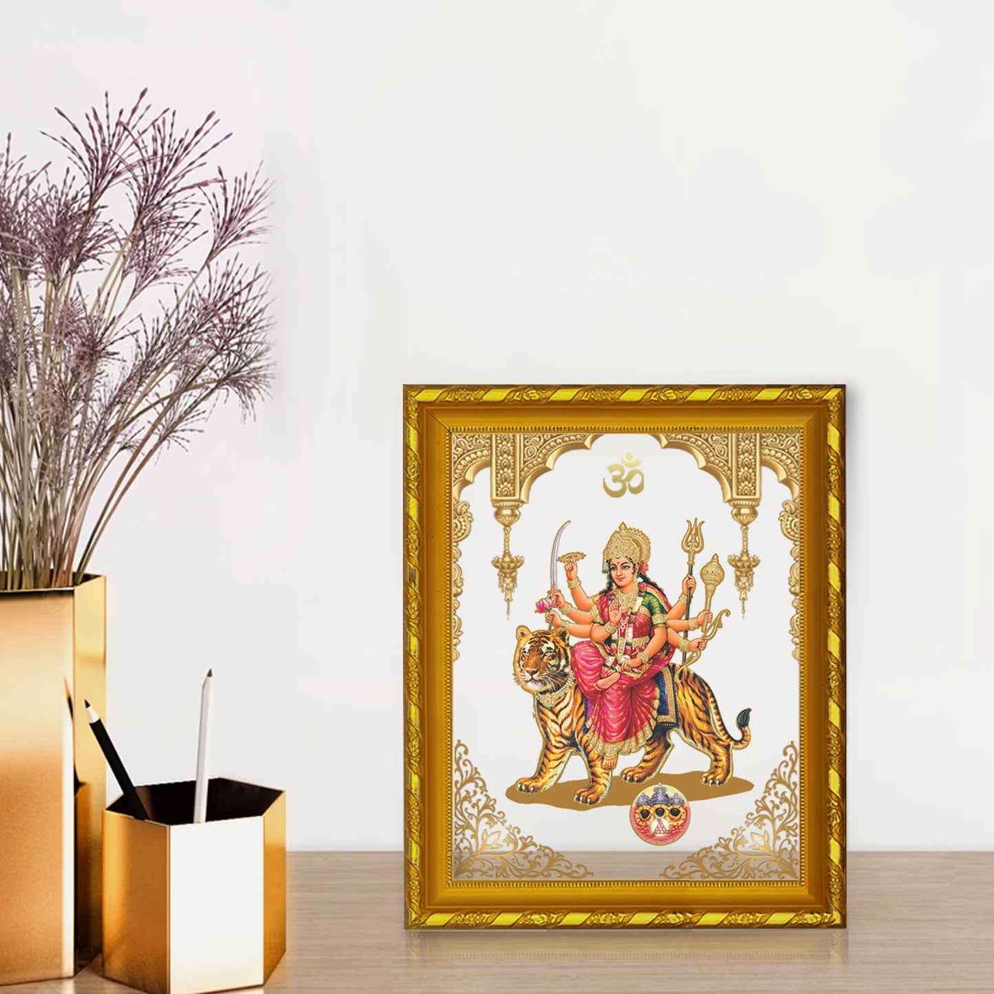 DIVINITI 24K Gold Plated Foil Durga Traditional Photo Frame for Home Wall Decor, Workshop, Table Top, Premium Gift|DG103 Size 2 (22.6x18.4 CM)