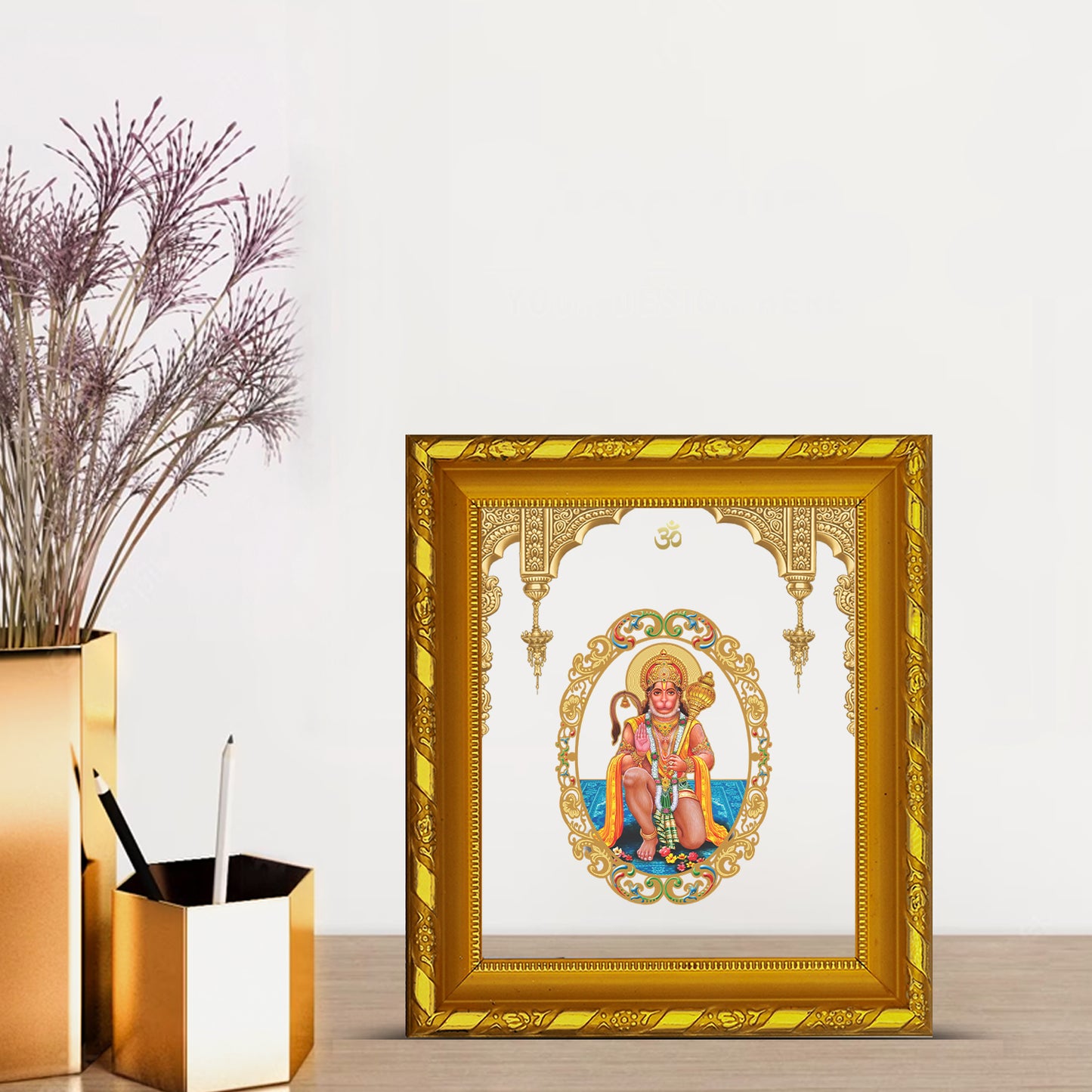 DIVINITI 24K Gold Plated Foil Hanuman Ji Photo Frame for Home & Office Decor, Table DG 103 Size 1 (15.3x14.9 CM)