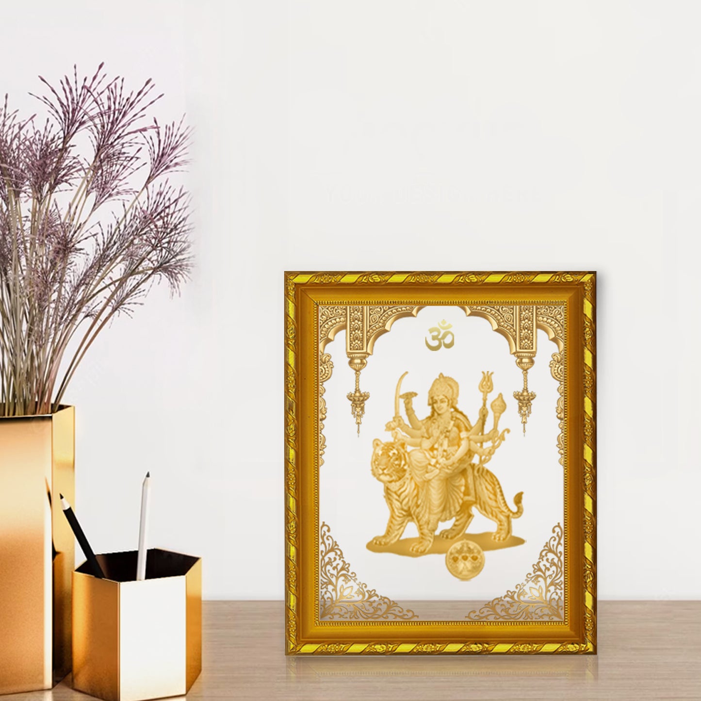 Diviniti 24K Gold Plated Foil Durga Mata Photo Frame for Home Decor Showpiece (21.5 CM x 17.5 CM)