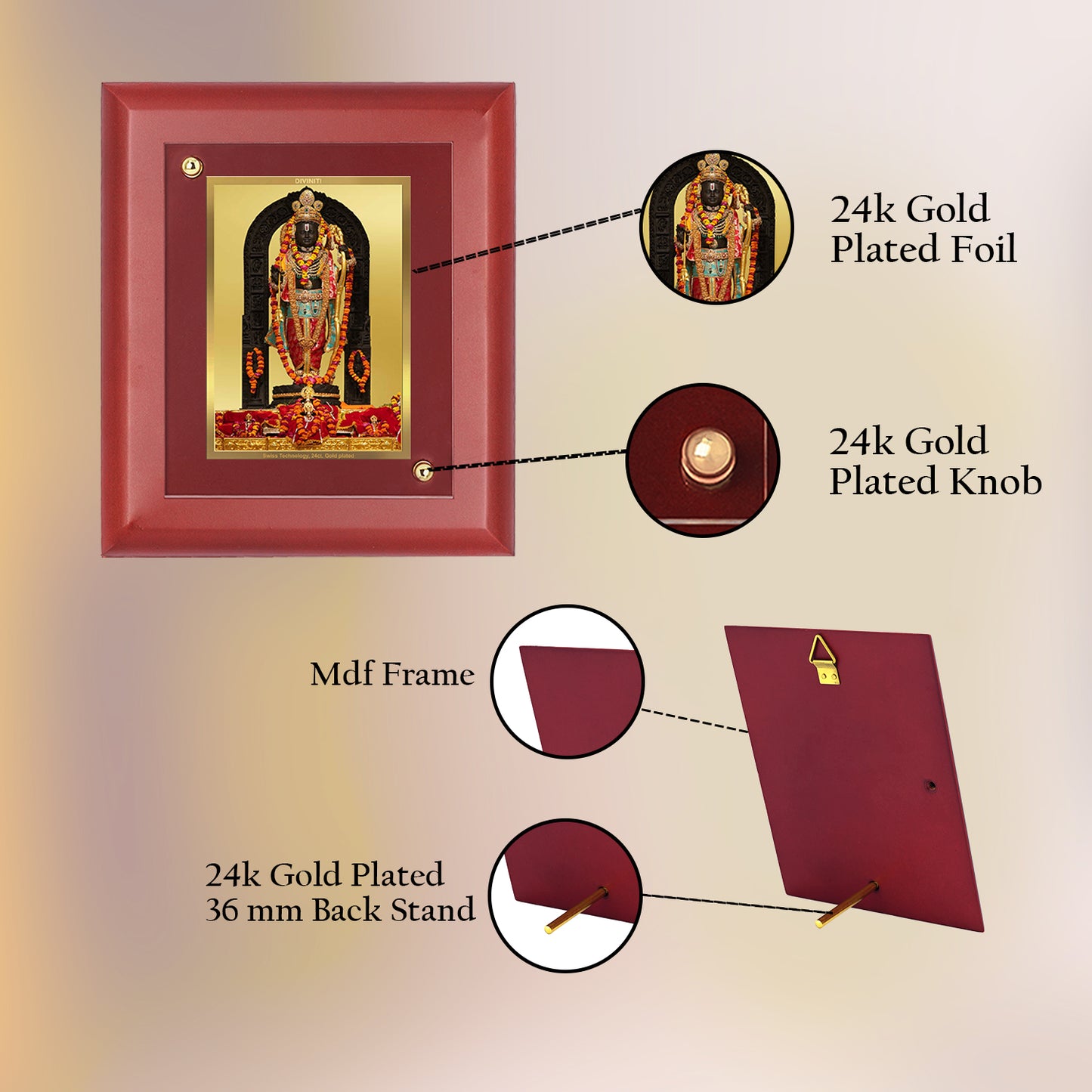 DIVINITI 24K Gold Plated Foil Ram Lalla Photo Frame Idol for Home Wall Decor, Table Top, Puja Room , Luxury Gift|MDF Size 1 (16.7x14.2 CM)