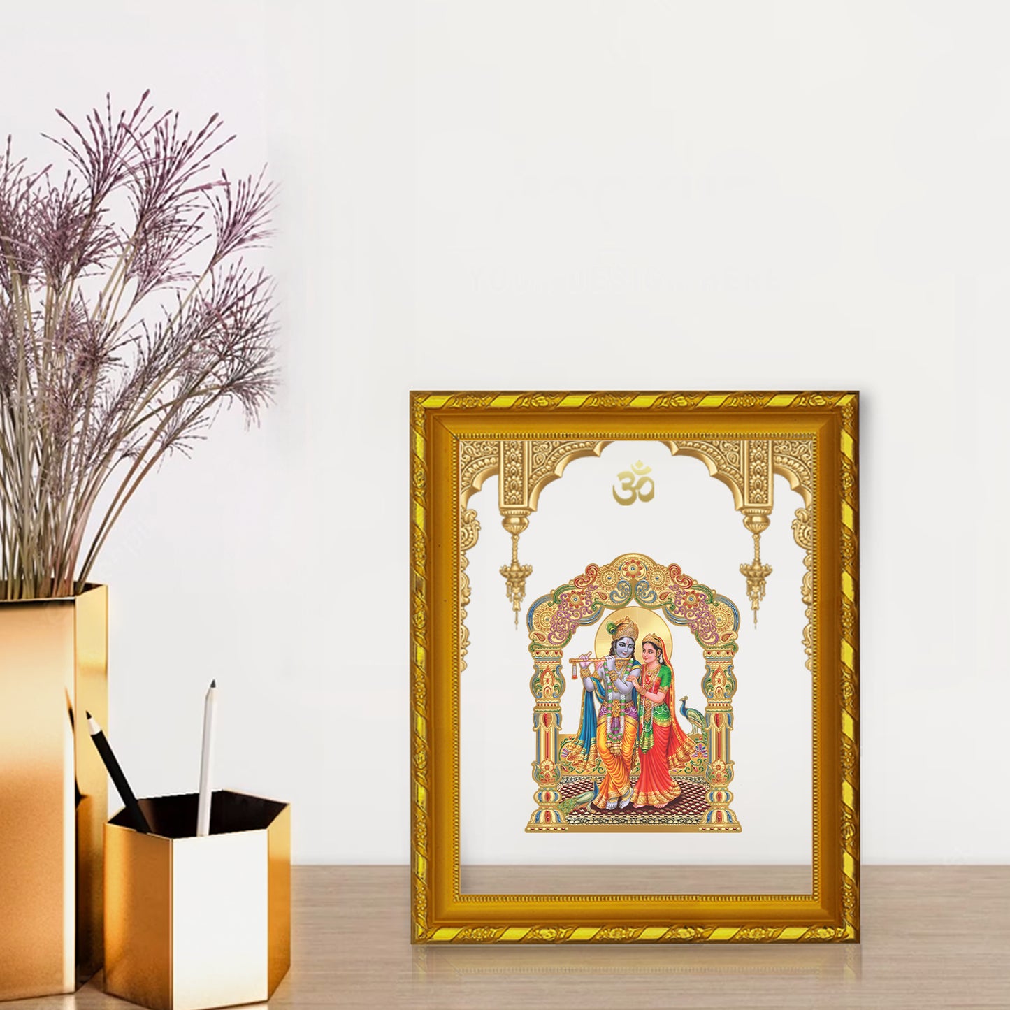 DIVINITI 24K Gold Plated Foil Radha Krishna Modern Photo Frame for Wall Hanging, Workshop, Table Top, Home Decor, Gift|DG103 Size 2 (22.6x18.4 CM)