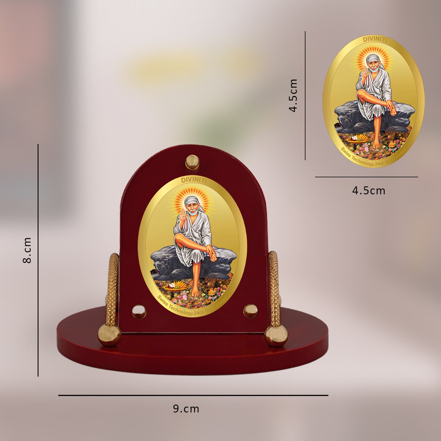 Diviniti 24K Gold Plated Foil Sai Baba Frame for Car Dashboard, Home Decor, Table & Office (8 CM x 9 CM)