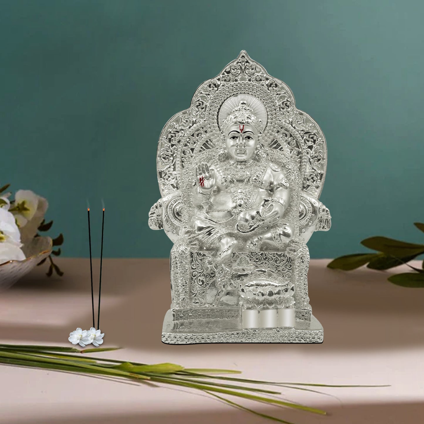 DIVINITI 999 Silver Plated Lord Kuber Statue For Wealth and Good Fortune into Your Life, Spiritual and Decorative Use Idol For Home Decor Showpiece, Office, Luxury Gift (17.5x12 CM)