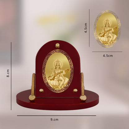 Diviniti 24K Gold Plated Foil Saraswati Mata Frame for Car Dashboard, Home Decor, Table & Office (8 CM x 9 CM)