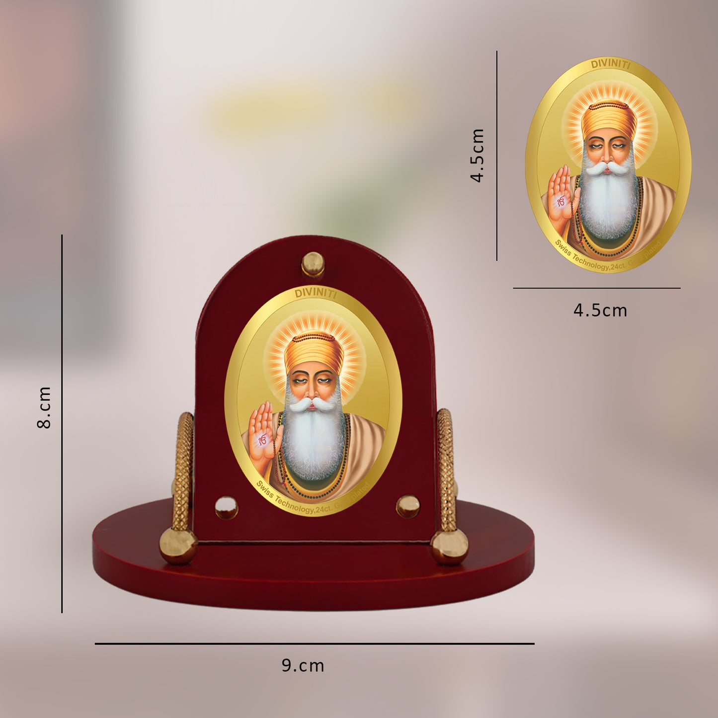 Diviniti 24K Gold Plated Foil Guru Nanak Dev Ji Frame for Car Dashboard, Home Decor, Table & Office (8 CM x 9 CM)