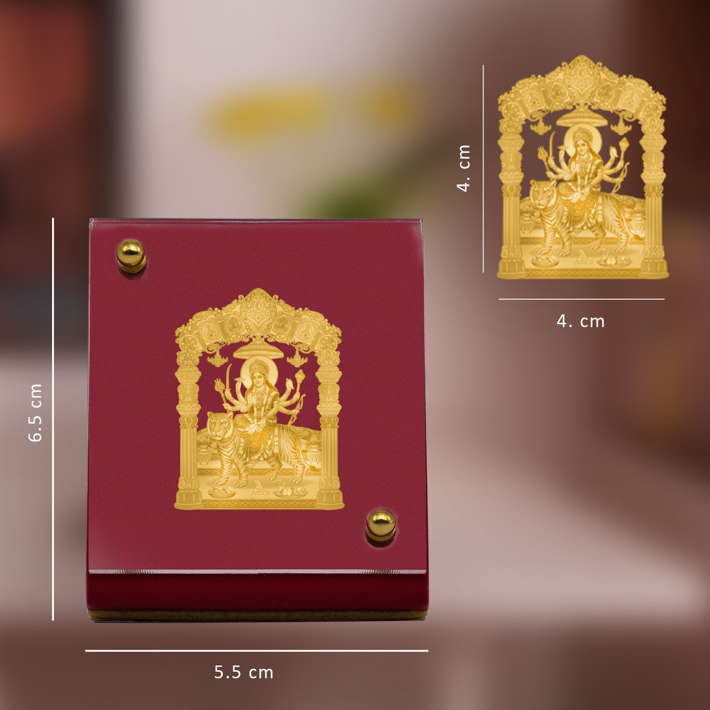 Diviniti 24K Gold Plated Foil Durga Mata Frame for Car Dashboard, Home Decor, Table & Office (5.5 CM x 6.5 CM)