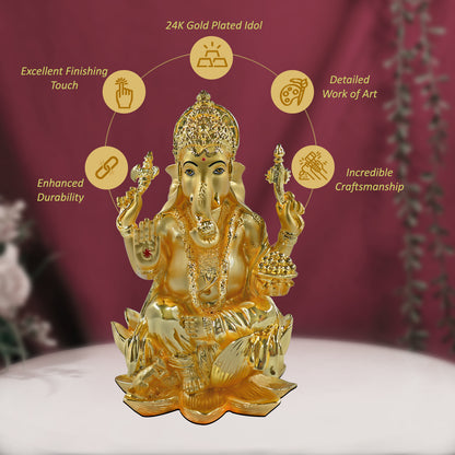 DIVINITI 24K Gold Plated Lord Ganesha Idol | Exquisite Divine Statue for Home Decor, Office, Pooja Room & Gift (18x12 CM)