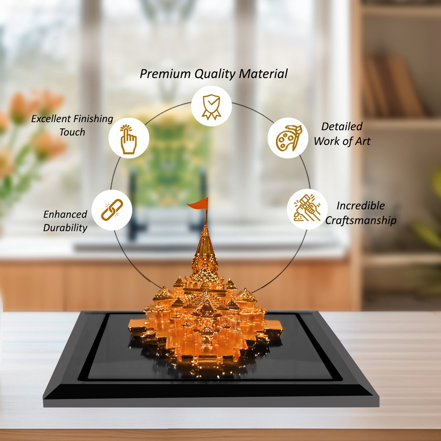 DIVINITI 24K Gold Plated Lord Ram Mandir Idol | Exquisite Divine Statue for Home Decor, Office Table Top, Pooja Room & Gift (7x14CM)