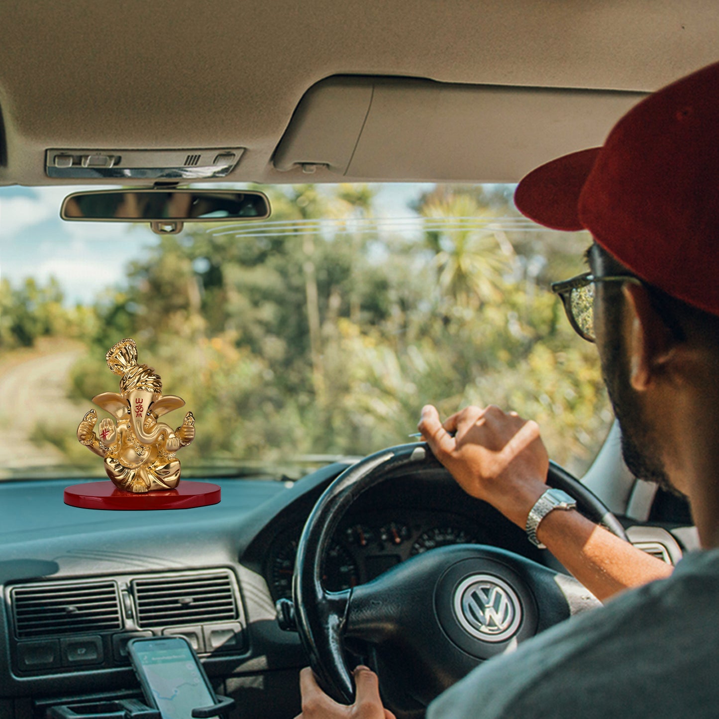 DIVINITI 24K Gold Plated Pagdi Lord Ganesha Elegant Statue Idol For Home Decor, Car Dashboard, Tabletop, Easy To Carry, Luxury Gift (7x7 CM)