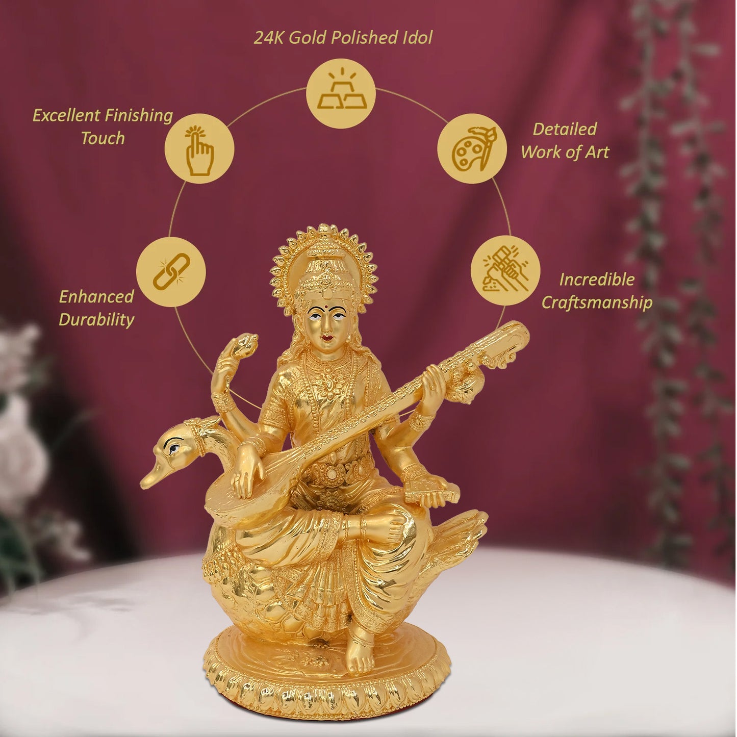 Diviniti 24K Gold Plated Goddess Saraswati Idol Statue Elegant Spiritual Symbol of Wisdom for Home & Office Décor Pooja Room Gift  (20.5x18 CM)