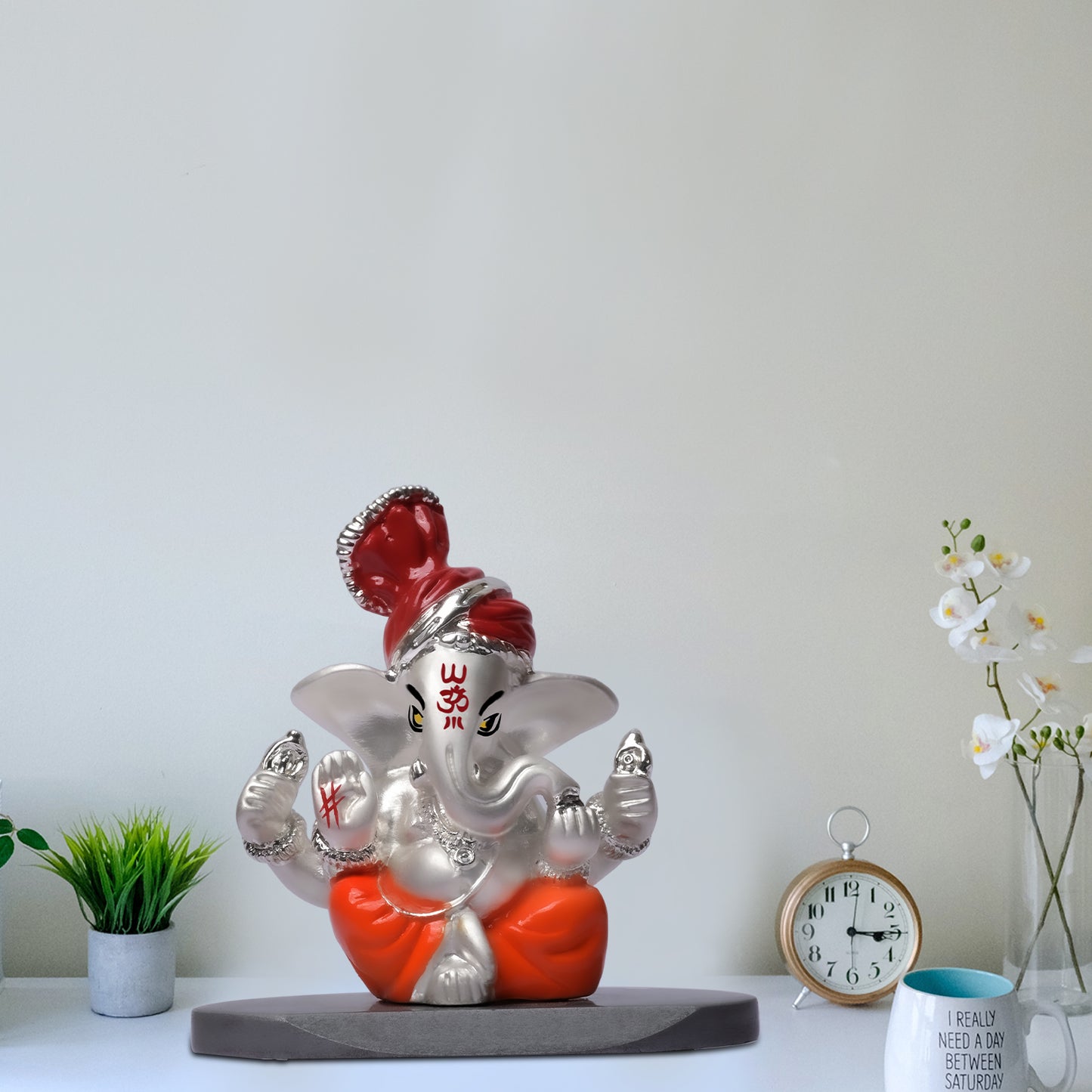 DIVINITI 999 Silver Plated Pagdi Lord Ganesha Statue Idol For Easy To Carry, Car Dashboard, Home Decor, Table Top, Puja Room, Gift (7x7 CM)