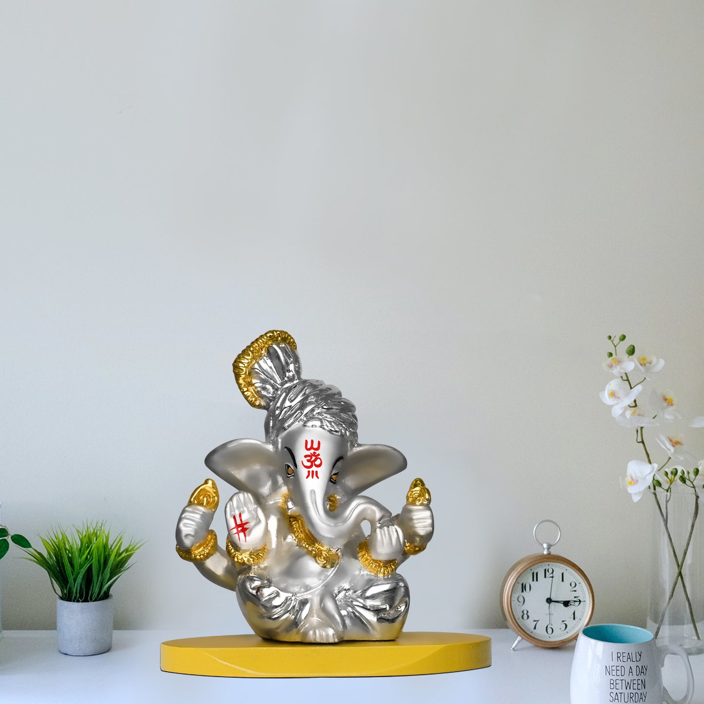 DIVINITI 999 Silver Plated Pagdi Lord Ganesha Elegant Statue Idol For Car Dashboard, Home Decor, Tabletop, Puja Room and Luxury Gift (7x7 CM)