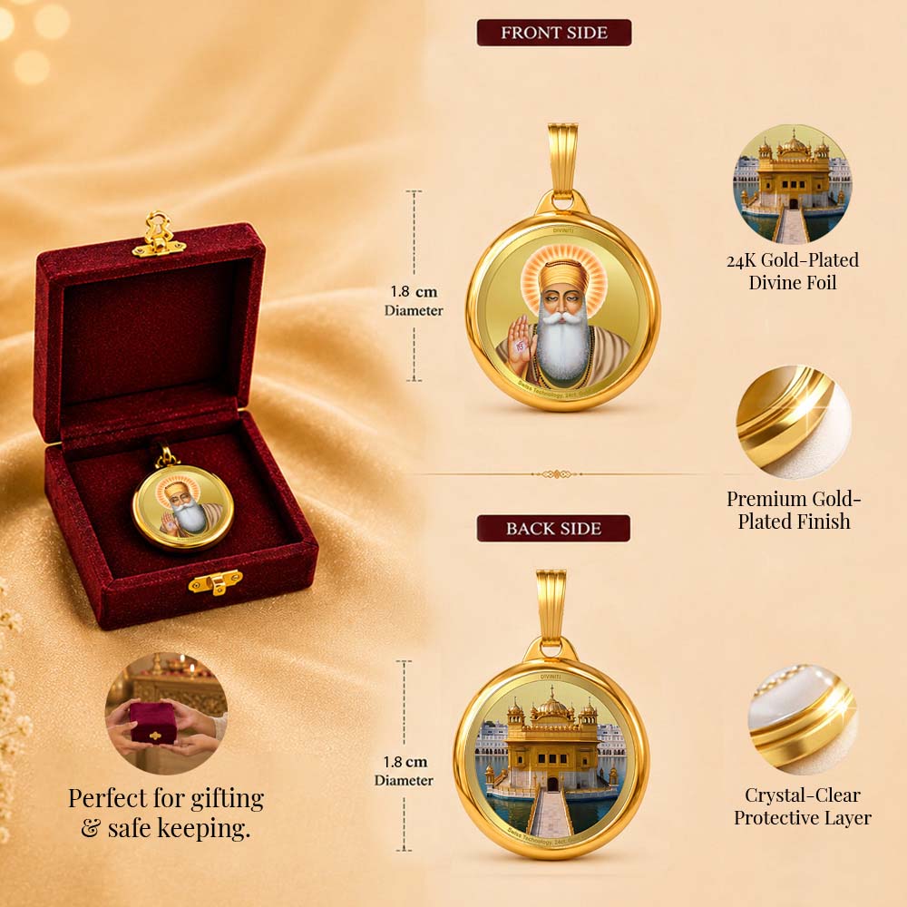 Diviniti 24K Gold Plated Foil 18MM Double Sided Pendant Guru Nanak Dev Ji & Sachkhand Shri Darbar Sahib (Golden Temple)