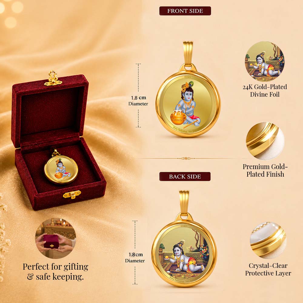 Diviniti 24K Gold Plated Bal Gopal & Laddu Gopal 18MM Double Sided Pendant For Men, Women & Kids