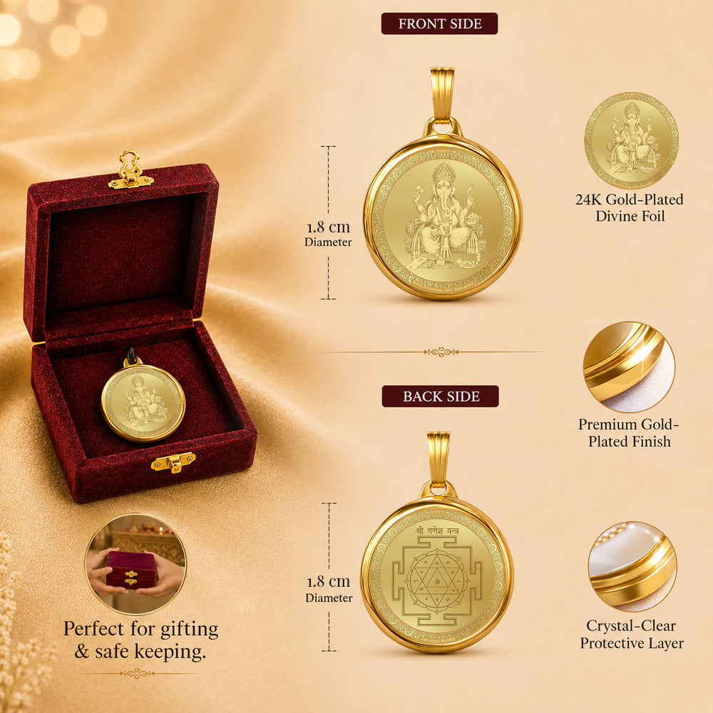 Diviniti 24K Double Sided Gold Plated Pendant Ganesha & Sacred Yantra | 18 MM Flip Coin (1 PCS)