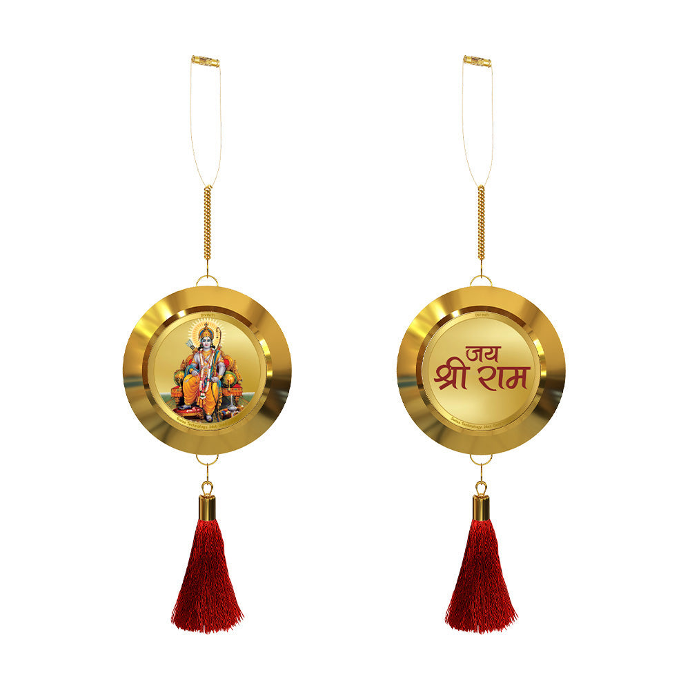 Diviniti 24K Gold Plated Double-Sided Ram Lalla & Jai Shri Ram Car Dangler (5.5 cm) | Divine Hanging Car Decor for Protection, Positive Energy & Spiritual Blessings