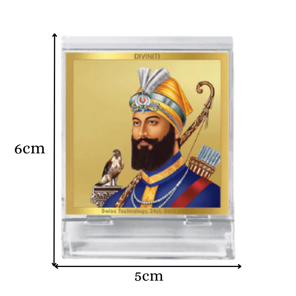 Guru Gobind Singh Ji | Divine Sikh Guru Car Dashboard & Tabletop Photo Frame in 24K Gold Plated Foil