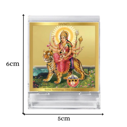 Durga Sherawali Mata with Pind | Divine Goddess Durga Car Dashboard & Tabletop Photo Frame in 24K Gold Plated Foil