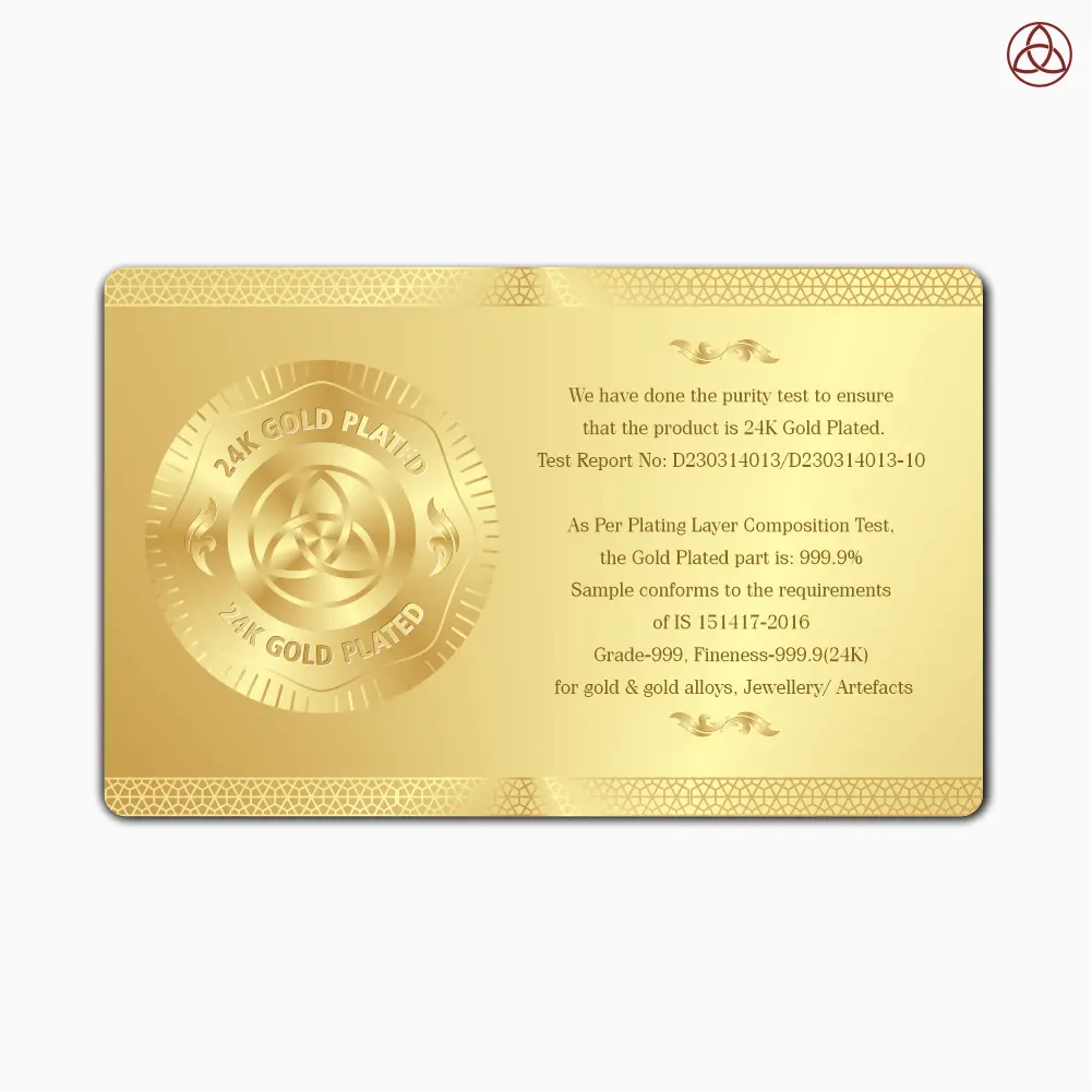Purity certificate for 24K gold plated items, ensuring quality and compliance standards in gold and jewellery.