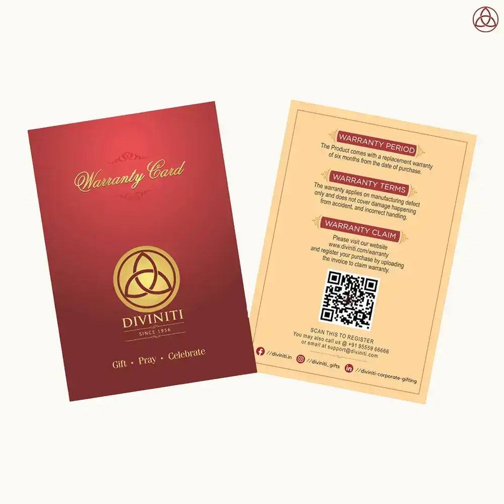 Warranty card for Diviniti products, featuring terms and instructions for claims and registration.