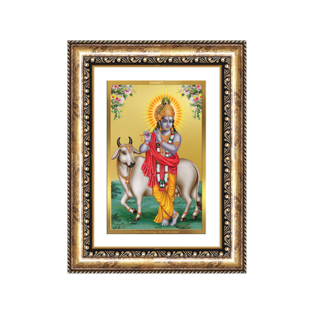 Diviniti 24K Gold Plated Krishna With Surbhi Cow (Classic) Divine Wall Frame for Home Mandir & Office Decor | Luxury Spiritual Gift
