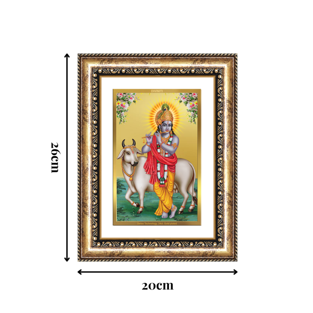 Diviniti 24K Gold Plated Krishna With Surbhi Cow (Classic) Divine Wall Frame for Home Mandir & Office Decor | Luxury Spiritual Gift
