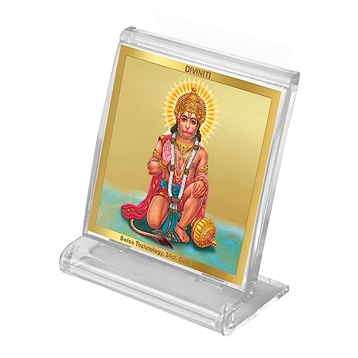 Diviniti 24K Gold Plated Hanuman Acrylic Frame for Car Dashboard, Home Decor, Tabletop, Puja Room, Festival Gift ACF3A (5.8x4.8 CM)