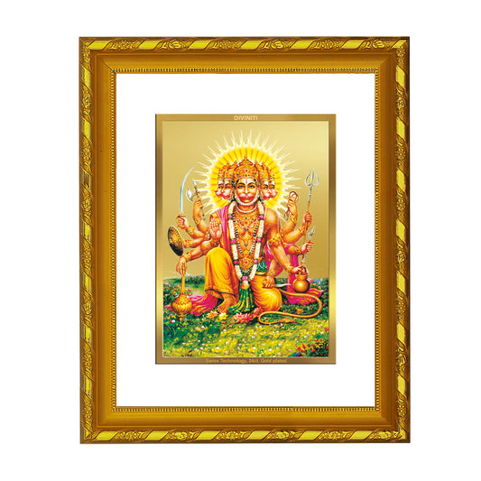 DIVINITI 24K Gold Plated Foil Panchmukhi Hanuman Photo Frame for Home Decor, Puja Room, Table Top, Wall Hanging, Workshop, Luxurious Gift|DG103 Size 2 (22.6x18.4 CM)